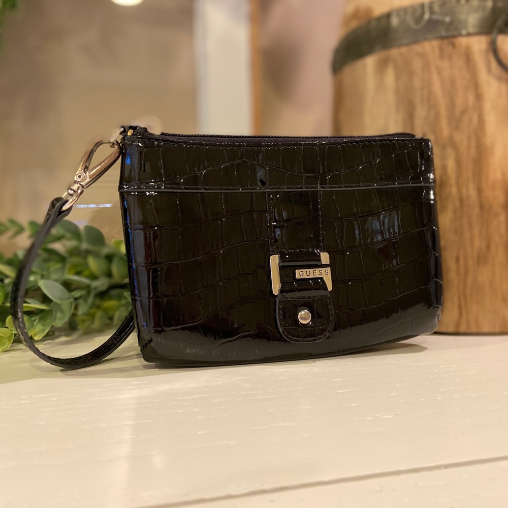 Guess Black Faux Alligator Wristlet